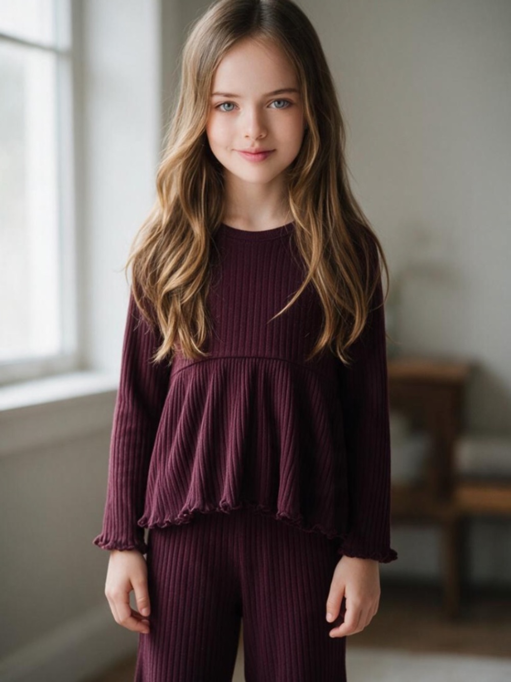 Old Navy 2 pc Set Outfit Girls 4T Burgundy Maroon Shirt Top Pants Ruffle Ribbed